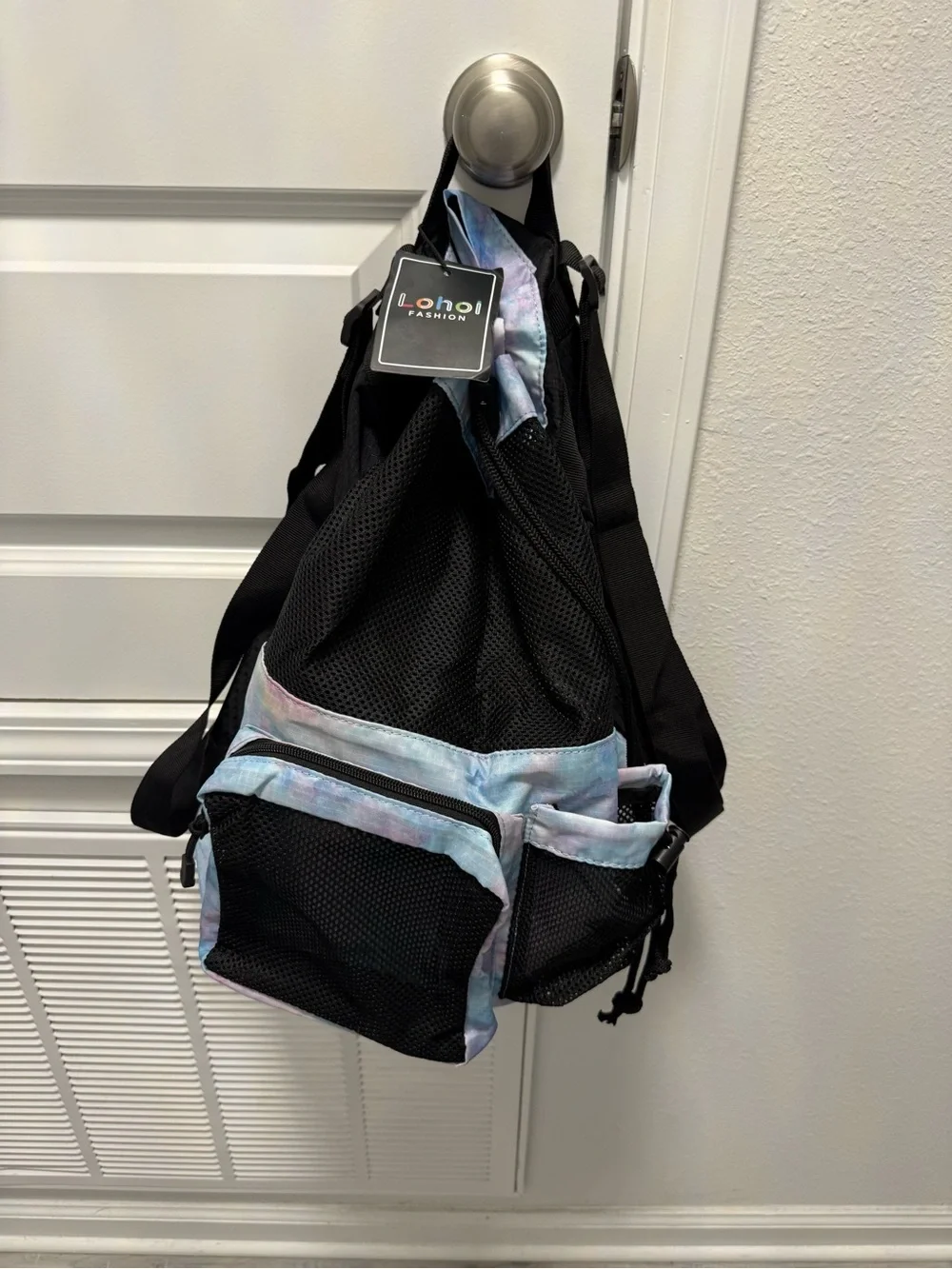 Mesh Drawstring Backpack for Women - Pastel Tie-Dye Black Accent